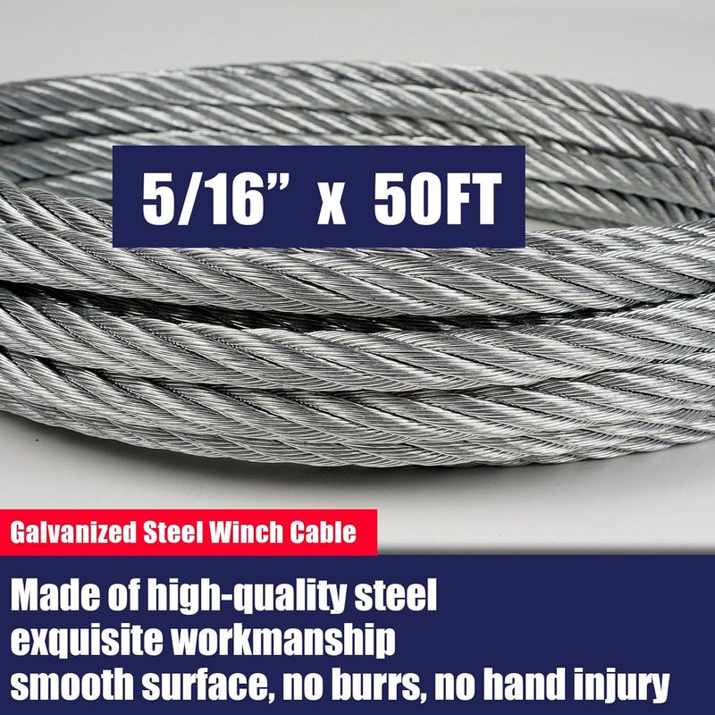 JETRA Galvanized Steel Winch Cable, 5/16” x 50ft Wire Rope with Hook, 9,000 lbs Breaking Strength, Heavy Duty Towing Cable, for Rollback, Crane, Wrecker, Tow Truck, UTV - Image 2